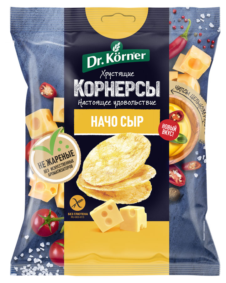 

Чипсы Dr.Korner Корнерсы цельнозерновые кукурузно-рисовые с сыром начо, 50 г