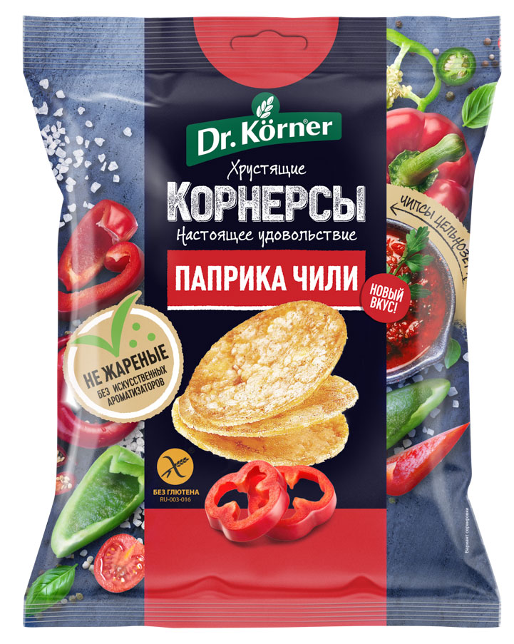 

Чипсы цельнозерновые Dr.Korner кукурузно-рисовые с паприкой и чили, 50 г