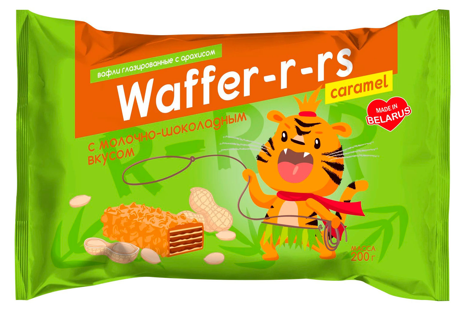 Изображение товара Вафли «Шоколадово» Waffer-r-rs Caramel c молочно-шоколадным вкусом глазированные с арахисом Беларусь, 200 г