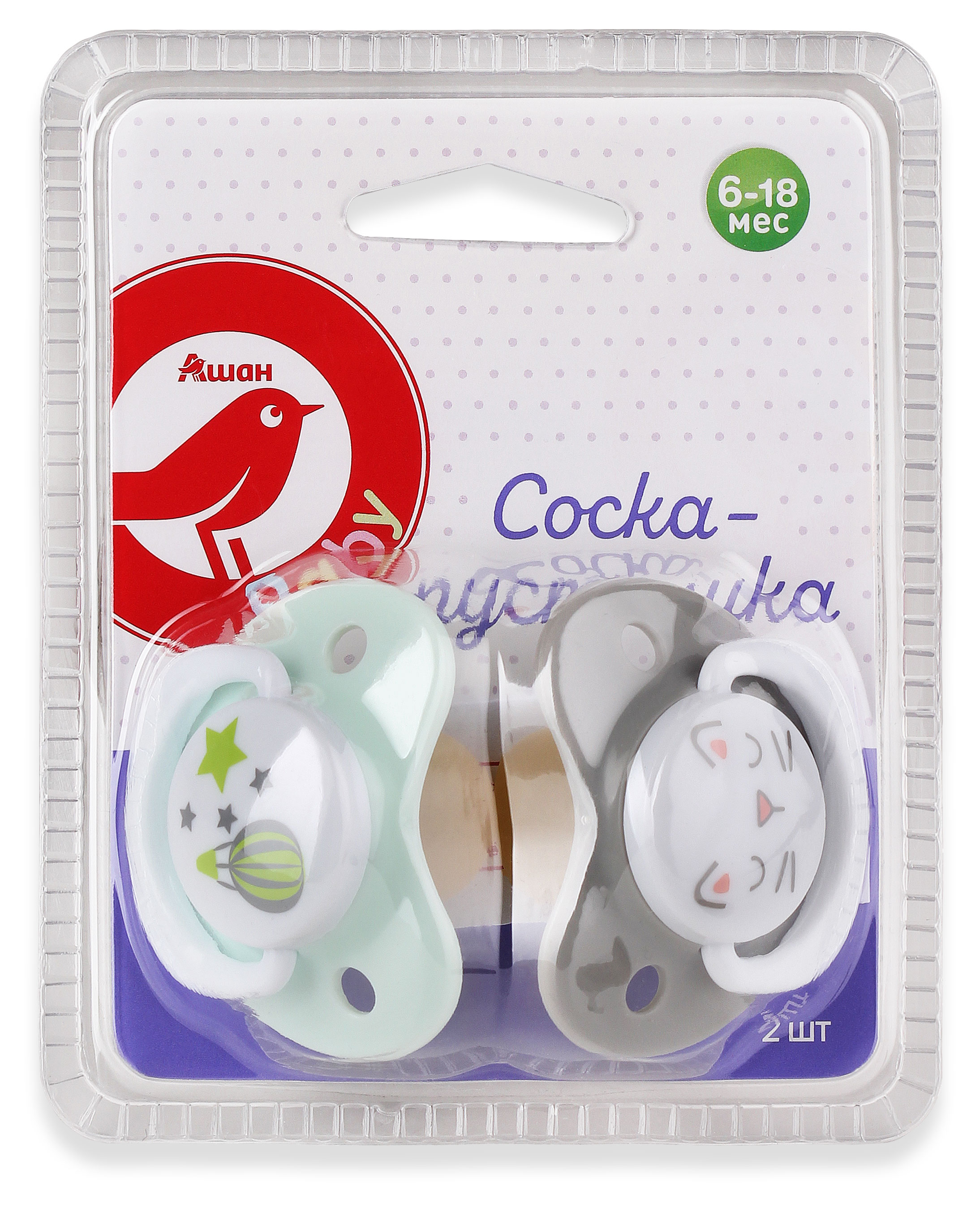 Изображение товара Соска-пустышка АШАН Красная птица Baby 6-18 мес., 2 шт