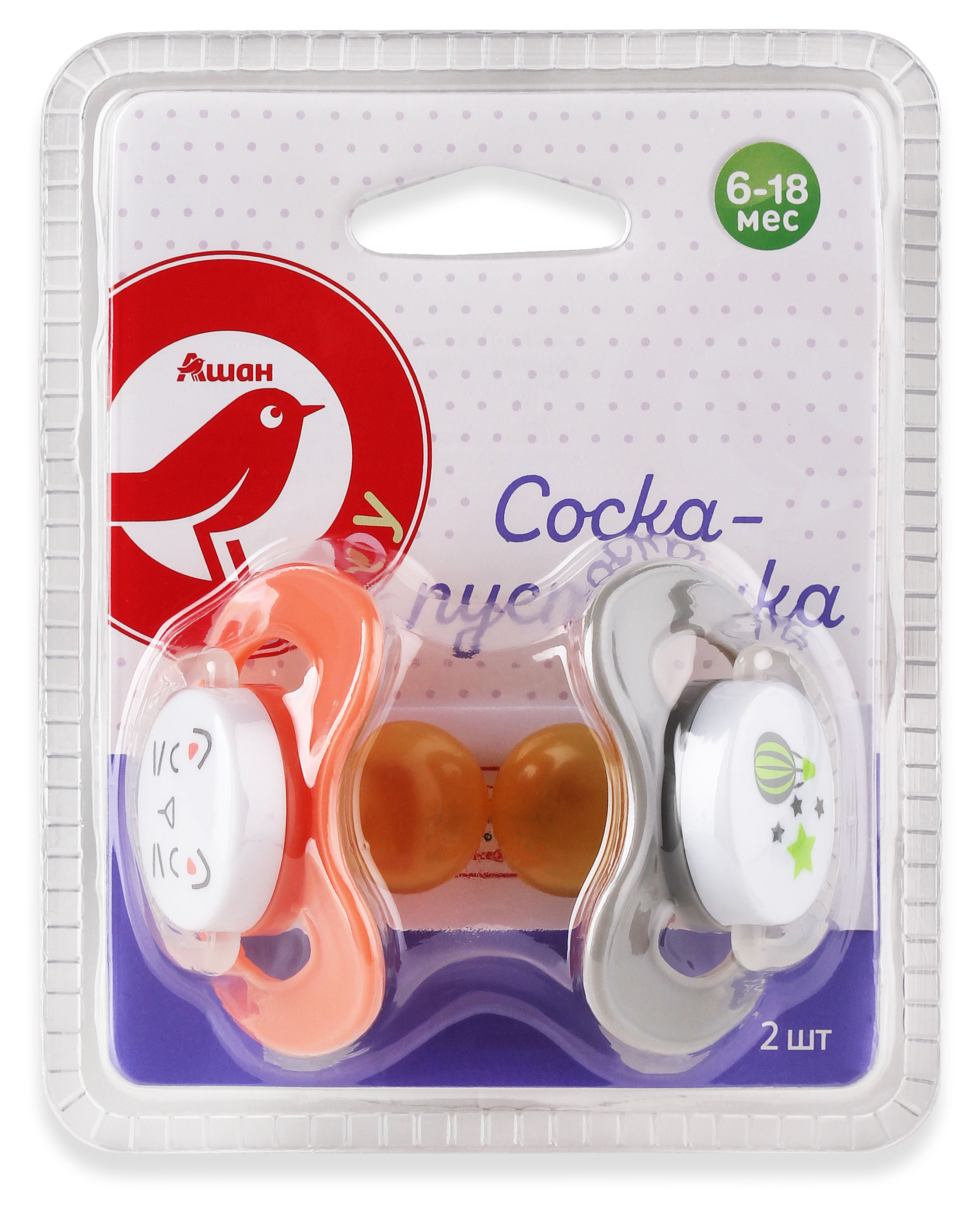 Изображение товара Соска-пустышка АШАН Красная птица Baby 6-18 мес., 2 шт