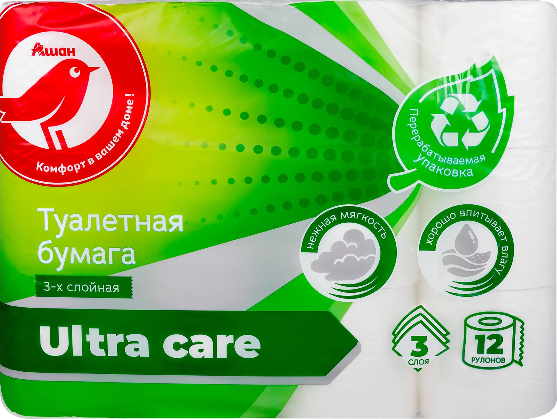 

Туалетная бумага АШАН Красная птица белая, 3 слоя, 12 рулонов