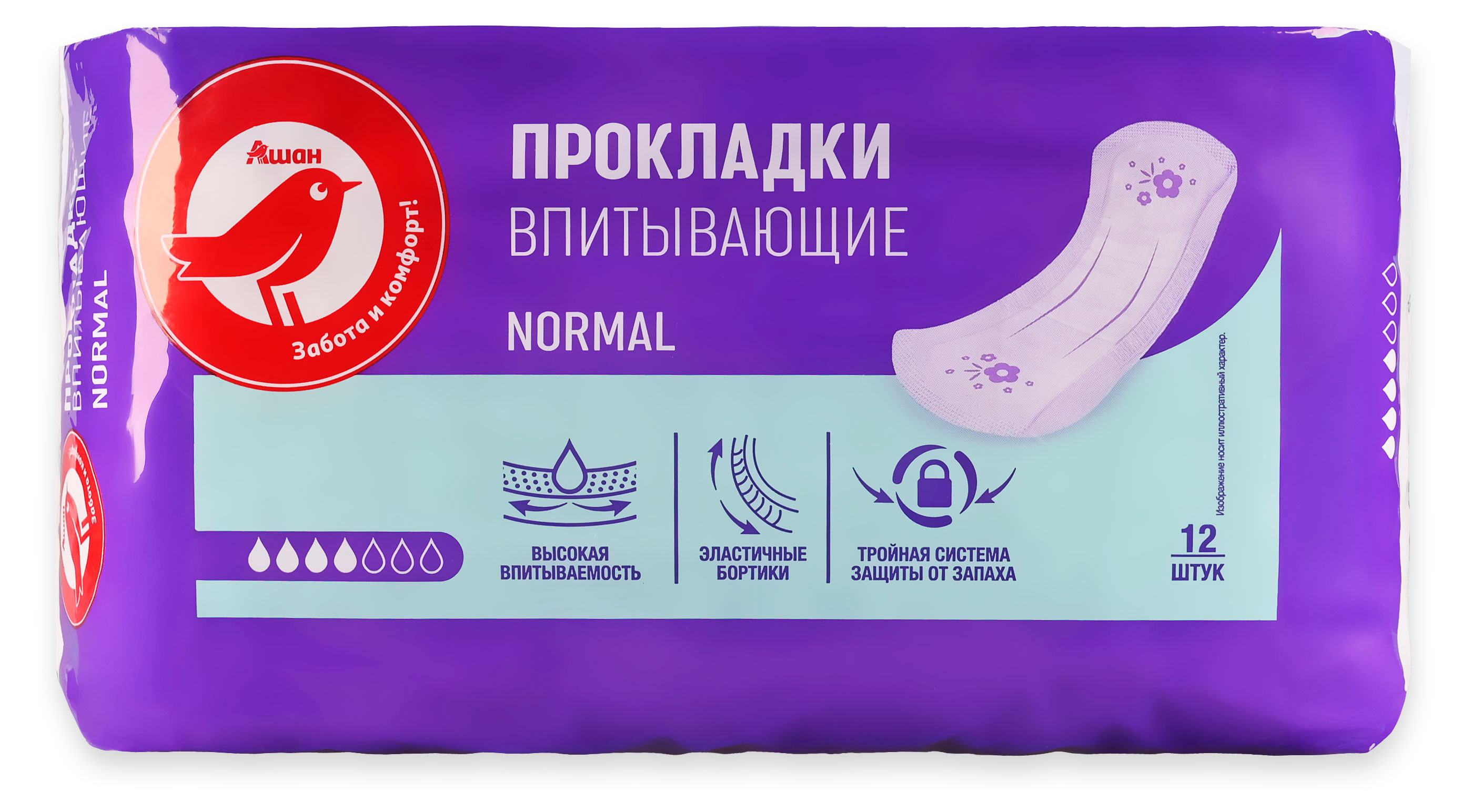 Изображение товара Прокладки гигиенические АШАН Красная птица Normal, 12 шт