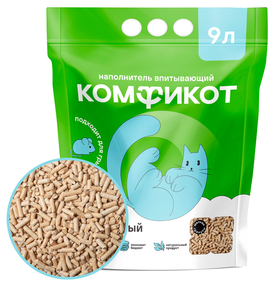 

Наполнитель для кошачьего туалета Комфикот древесный впитывающий мелкие гранулы, 9 л