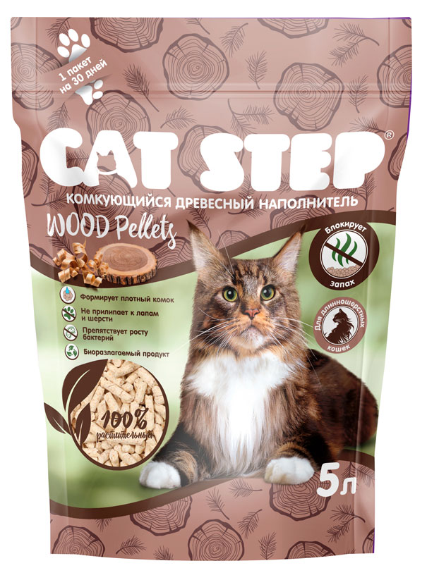 

Наполнитель для кошачьего туалета Cat Step Wood Pellets комкующийся растительный, 5 л