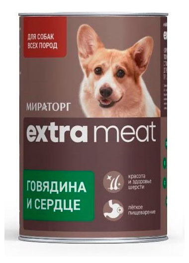 

Корм консервированный для собак Мираторг Extra meat говядина и сердце, 425 г