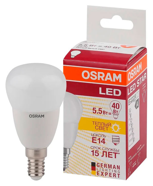 Изображение товара Лампа светодиодная Osram LED Star 5,5Вт E14 теплый белый свет