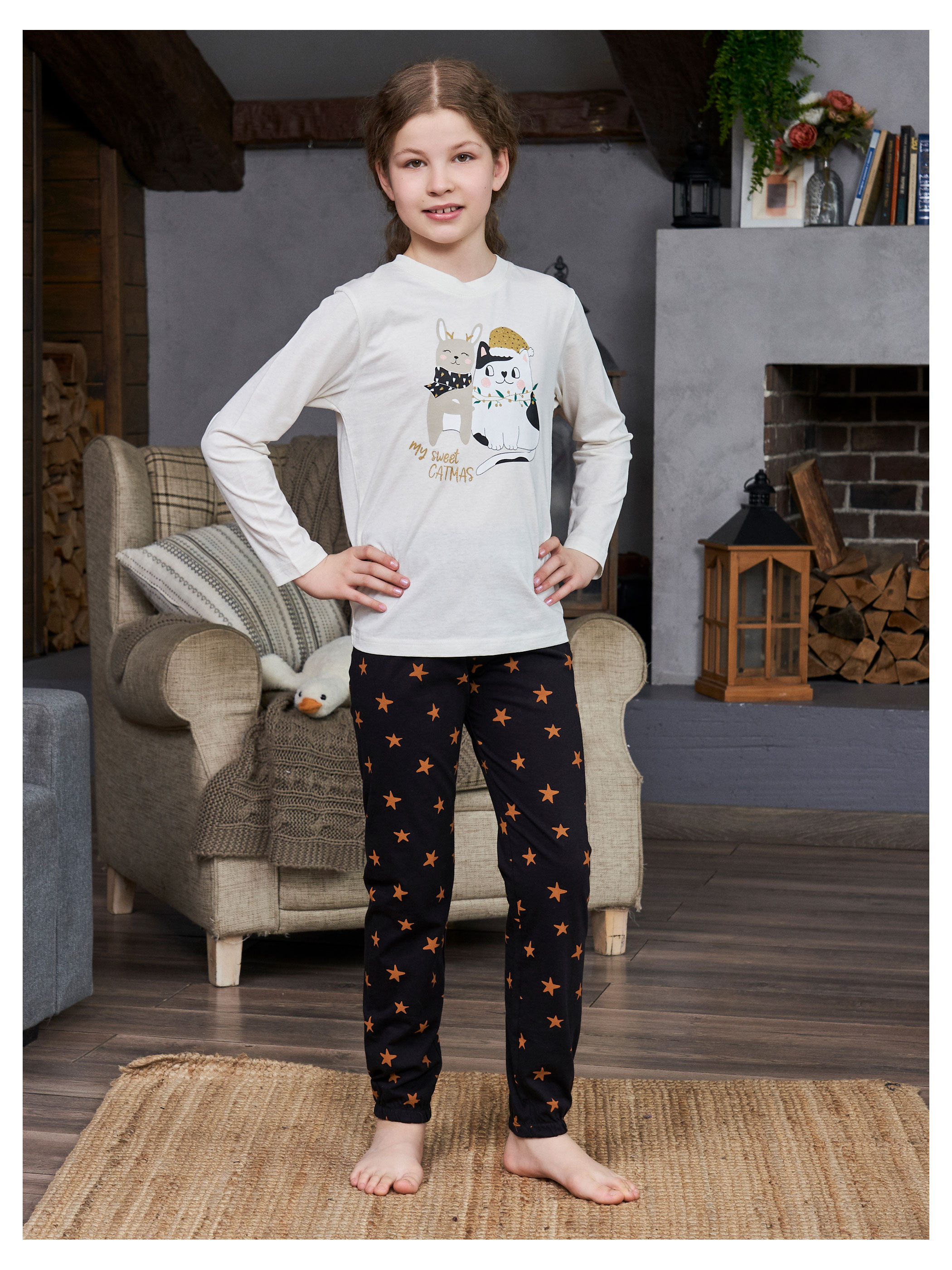 

Пижама для девочки новогодняя InExtenso My sweet catmas черно-белая