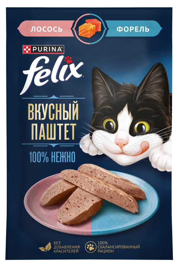 

Влажный корм для кошек Felix Вкусный паштет лосось и форель, 75 г