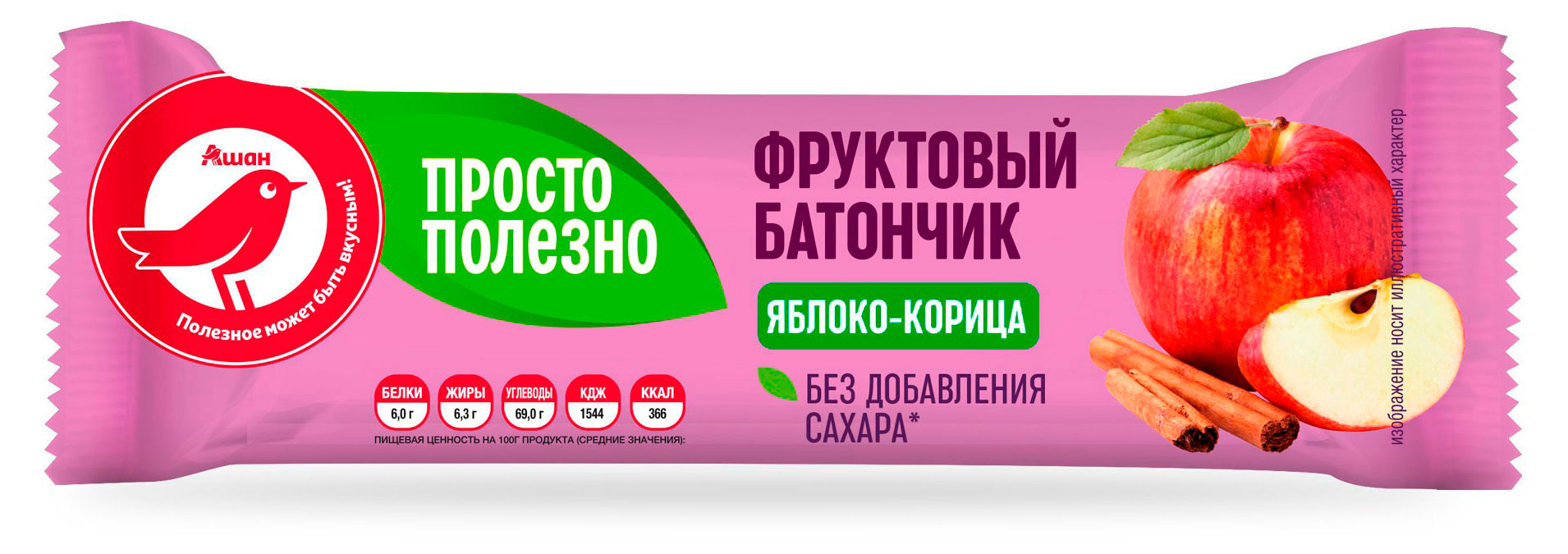 Изображение товара Батончик фруктовый АШАН Красная птица с яблоком и корицей, 30 г