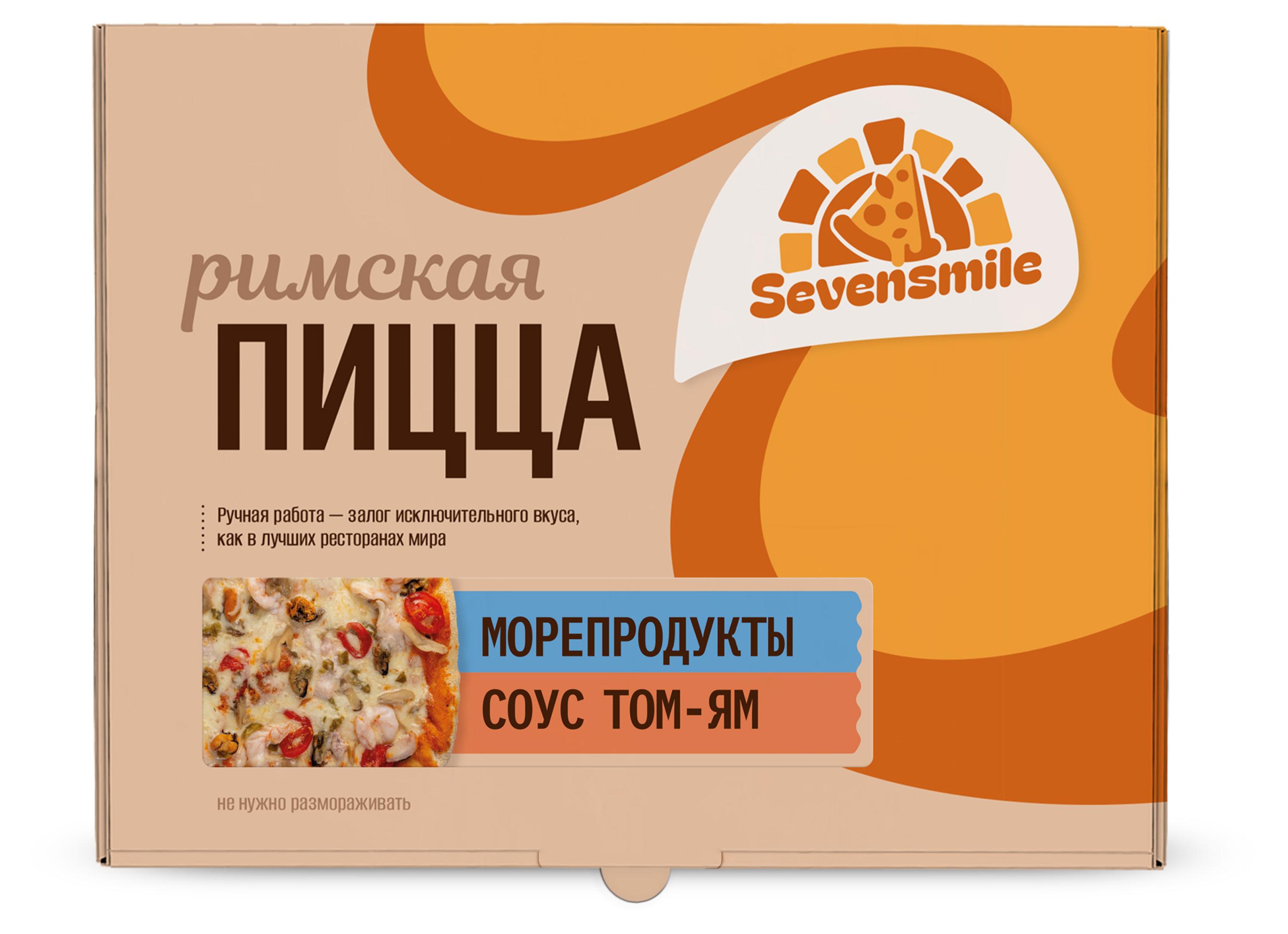 Изображение товара Пицца римская Sevensmile Морепродукты (креветки, мидии, кальмары) и соус Том-Ям замороженная, 480 г
