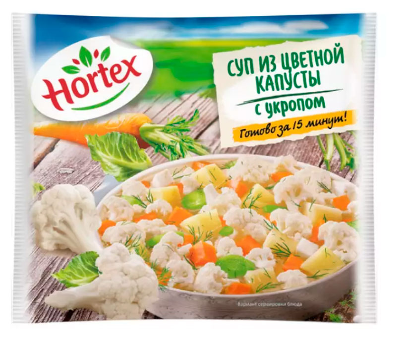 

Овощная суповая смесь Суп из цветной капусты Hortex с картофелем и укропом замороженная, 400 г