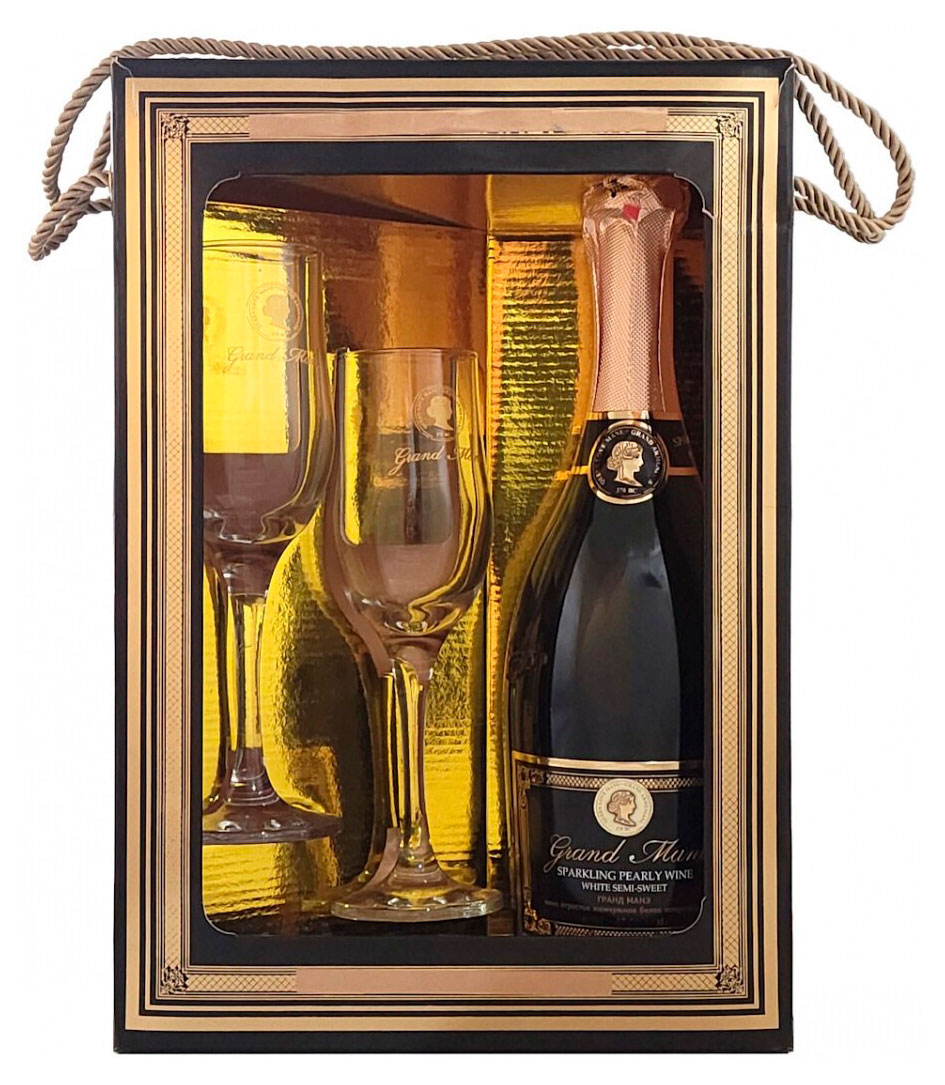 Изображение товара Игристое вино Grand Mane белое полусухое 0.75 л + 2 бокала подарочный набор