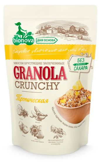 Изображение товара Мюсли запеченные Bionova Crunchy Тропические 400 г - цельнозерновой полезный перекус