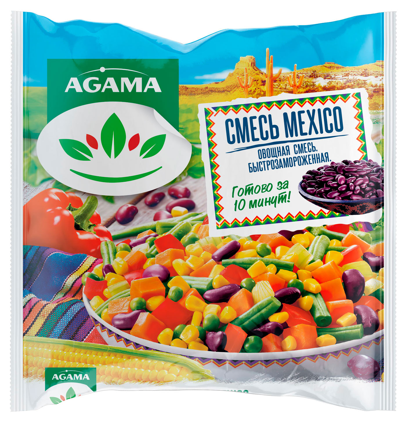 

Овощная смесь Agama MEXIKO морковь перец сладкий стручковая фасоль горошек зеленый кукуруза сельдерей красная фасоль лук замороженная, 400 г