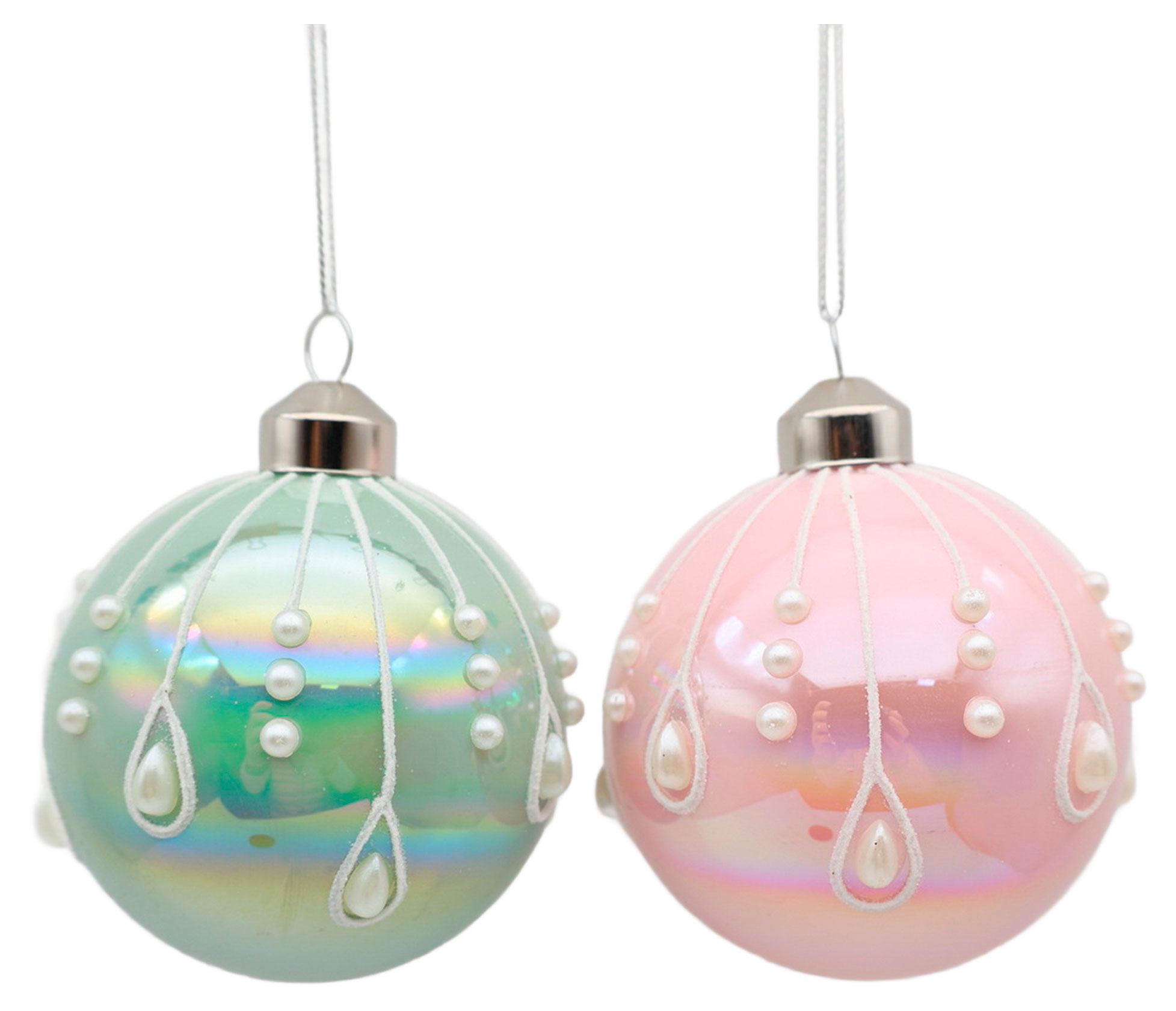 Изображение товара Елочный стеклянный шар Рождественский зефир 10 см с декором для новогодней елки