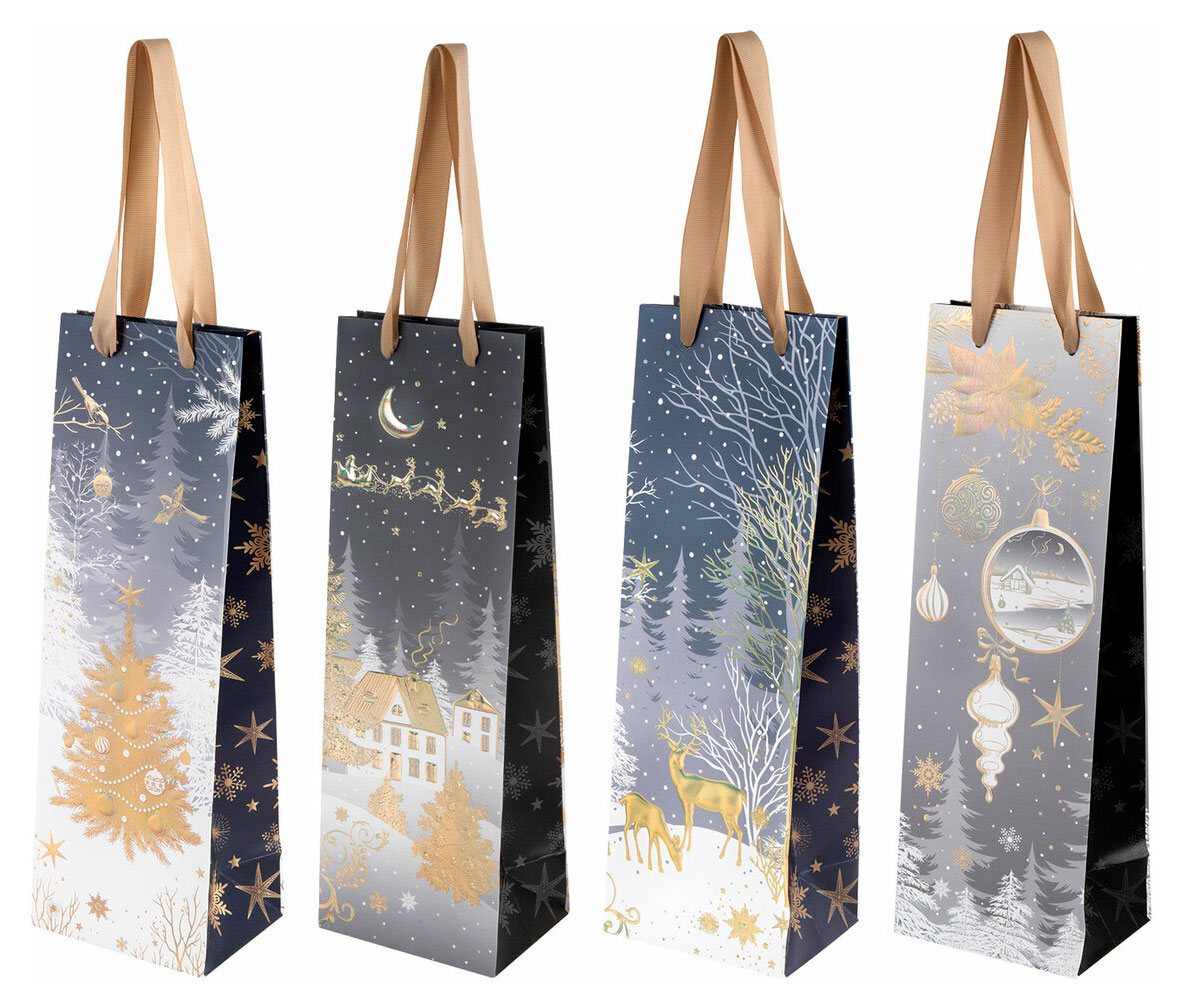 Изображение товара Пакет подарочный под бутылку «Золотая сказка» Новогодний 12x9x36 см, 1 шт в ассортименте