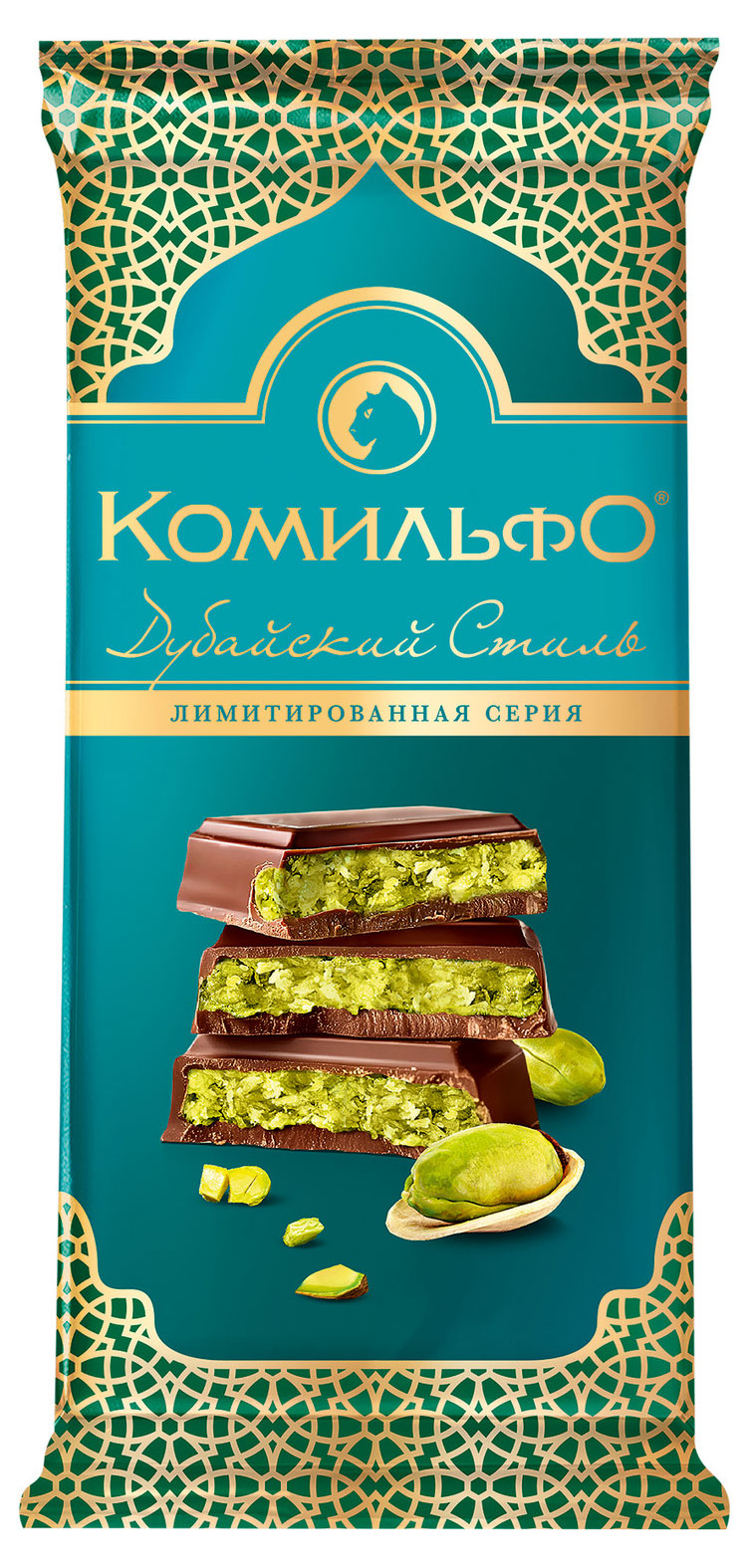 

Шоколад молочный Комильфо Дубайский стиль с нежной начинкой с фисташкой и с хрустящими кусочками, 176 г