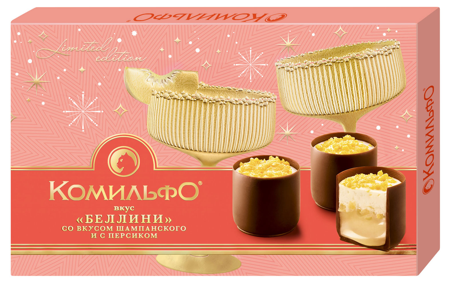

Конфеты шоколадные Комильфо Беллини со вкусом шампанского и с персиком, 116 г