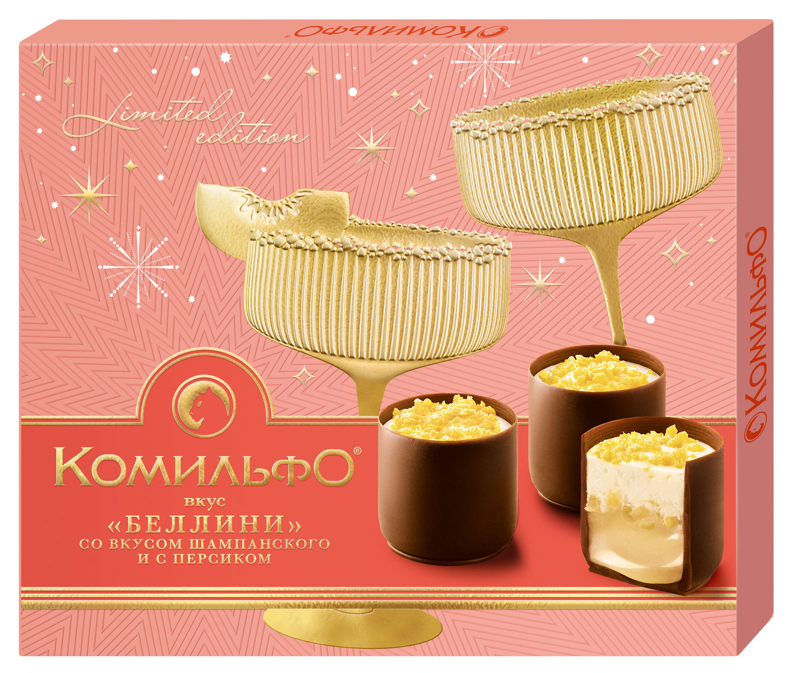 

Конфеты шоколадные Комильфо Беллини со вкусом шампанского и с персиком, 232 г