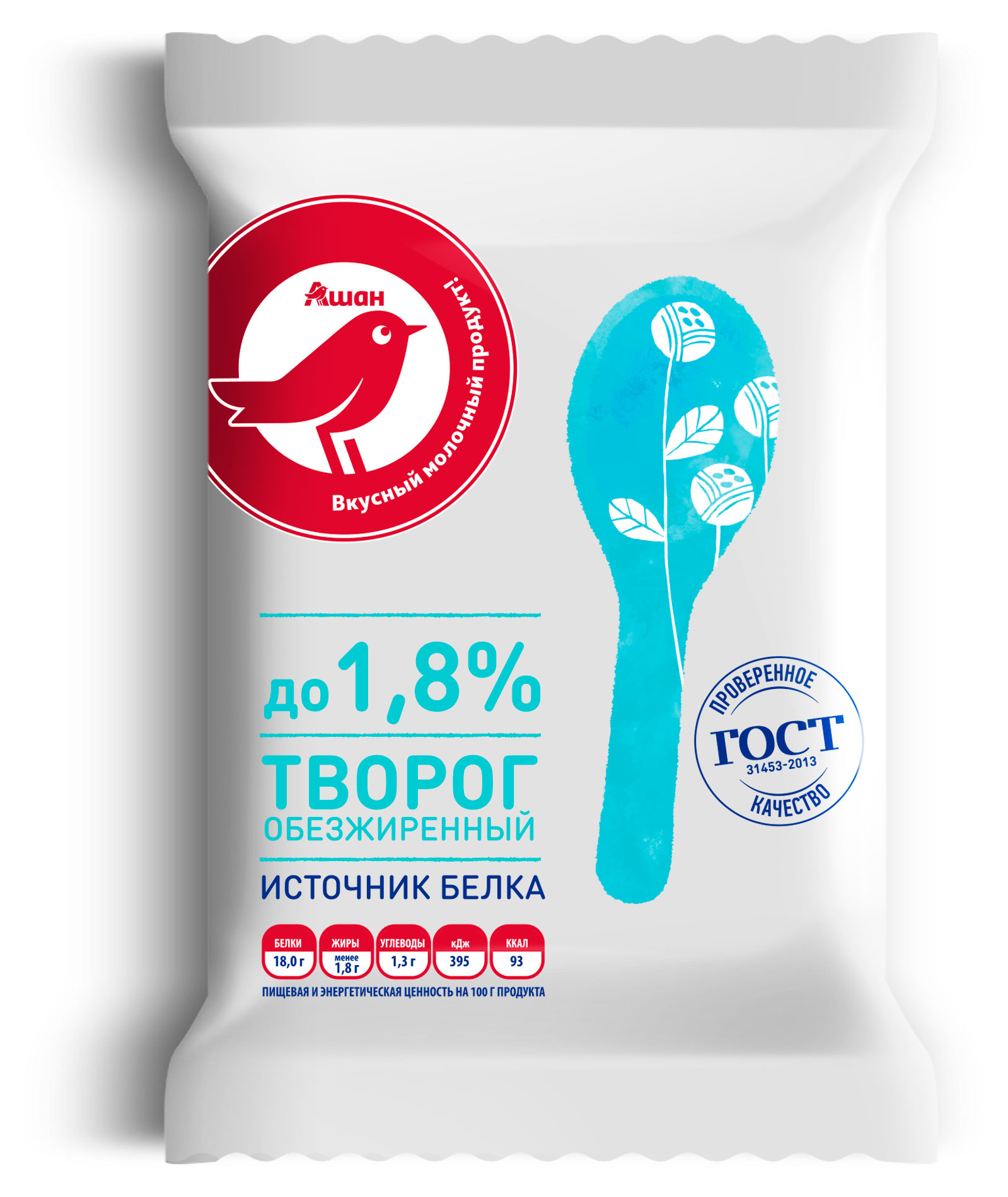 Изображение товара Творог обезжиренный АШАН Красная птица, 180 г