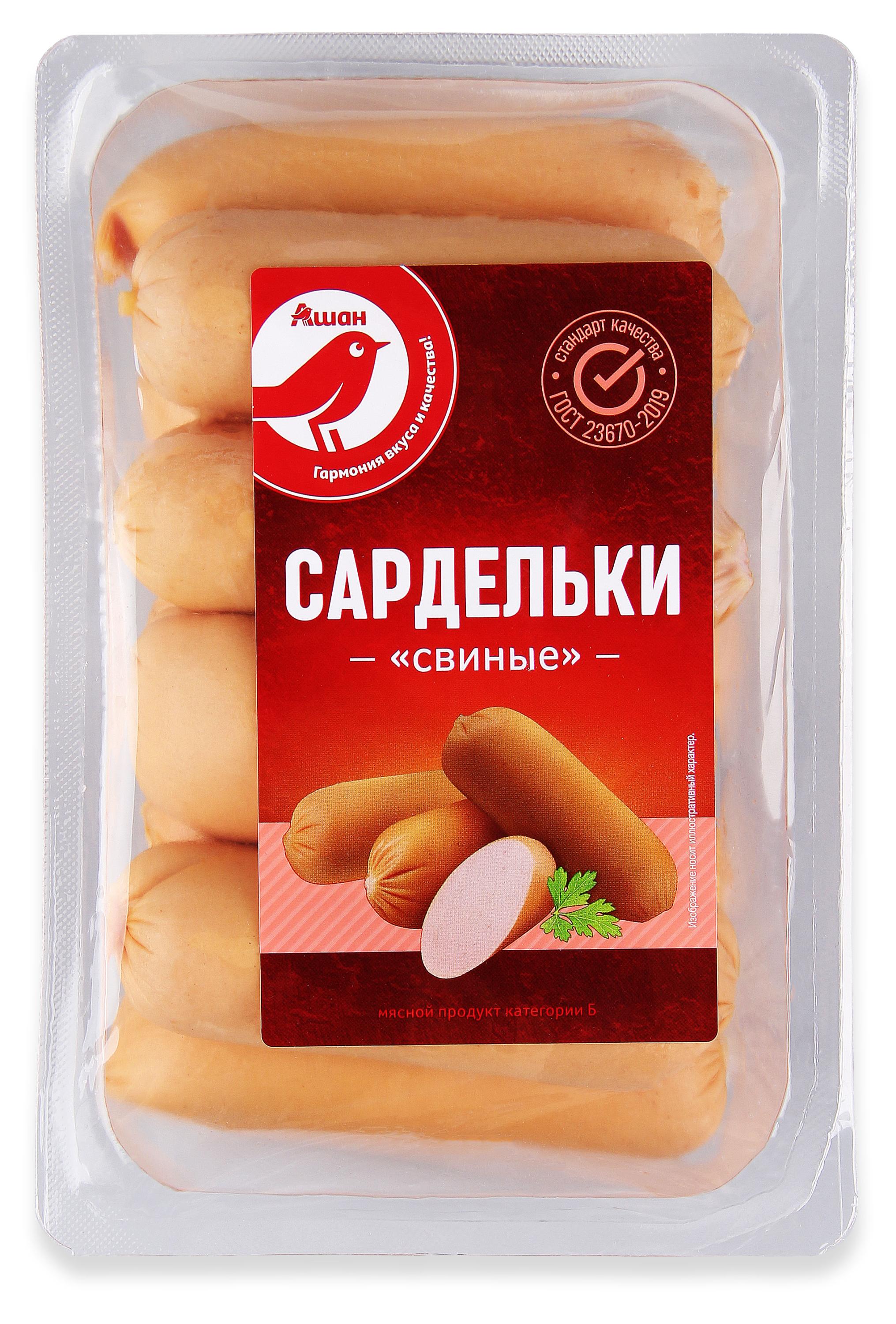 Изображение товара Свиные сардельки АШАН Красная птица 0,6 кг вкусное мясное изделие