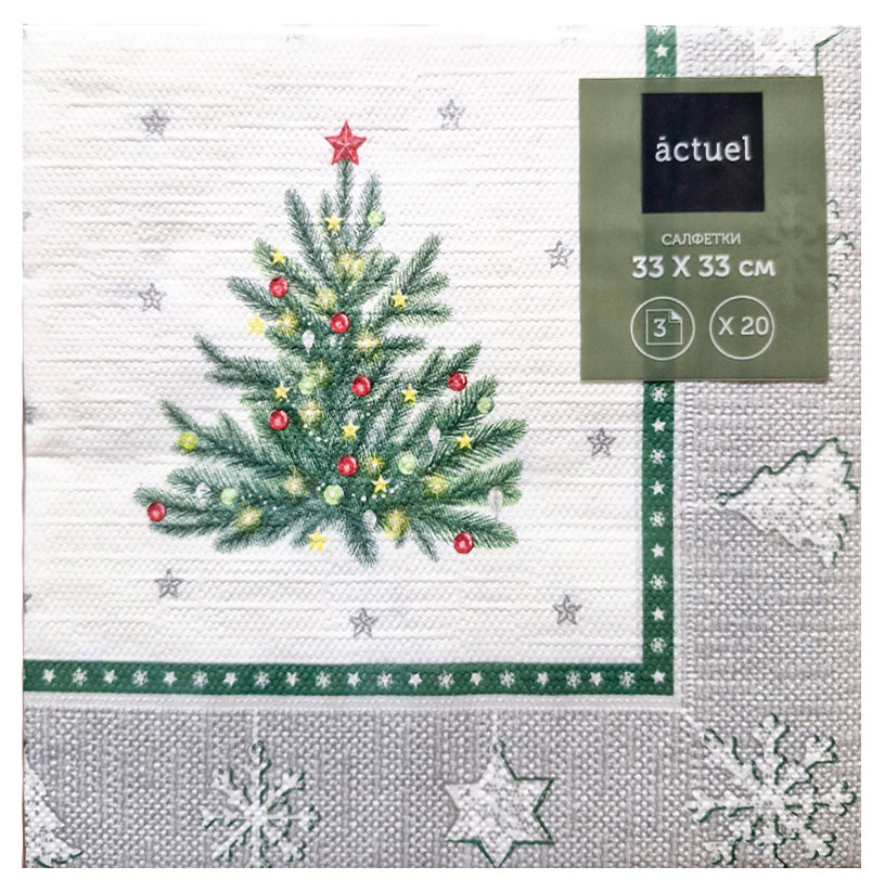 

Салфетки бумажные Actuel Ель в серебряной рамке 3 слоя 33х33 см, 20 л