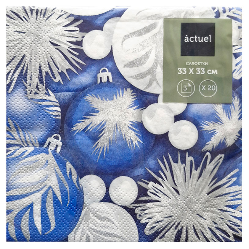 

Салфетки бумажные Actuel Новогодние шары на синем 3 слоя 33х33 см, 20 л