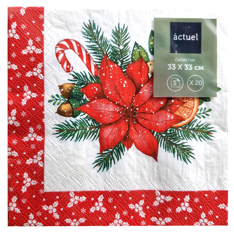 

Салфетки бумажные Actuel Вокруг света Пуансеттия 3 слоя 33х33 см, 20 л