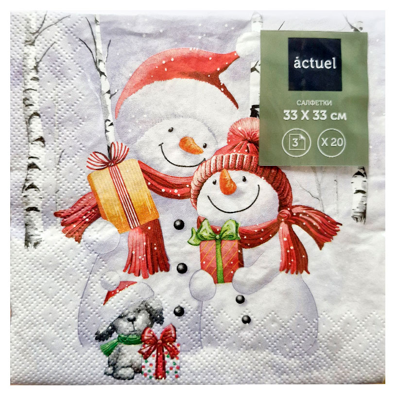 

Салфетки бумажные Actuel Семья снеговиков 3 слоя 33х33 см, 20 л