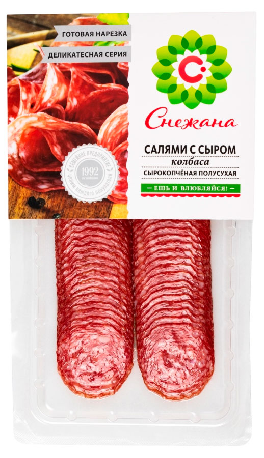 Изображение товара Сырокопченая колбаса Снежана с сыром нарезка 100 г