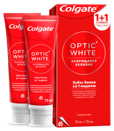 Изображение товара Зубная паста Colgate Optic White 75+75 мл отбеливающая с микрочастицами
