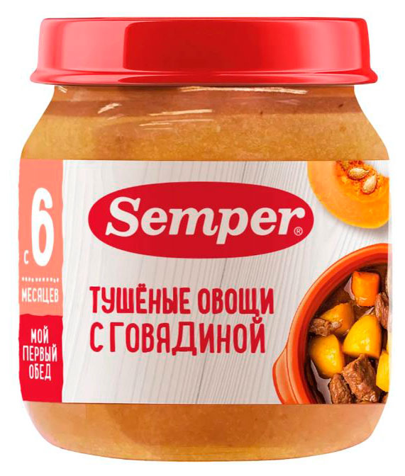 Изображение товара Пюре Semper тушёные овощи с говядиной 6 месяцев 100 г детское питание