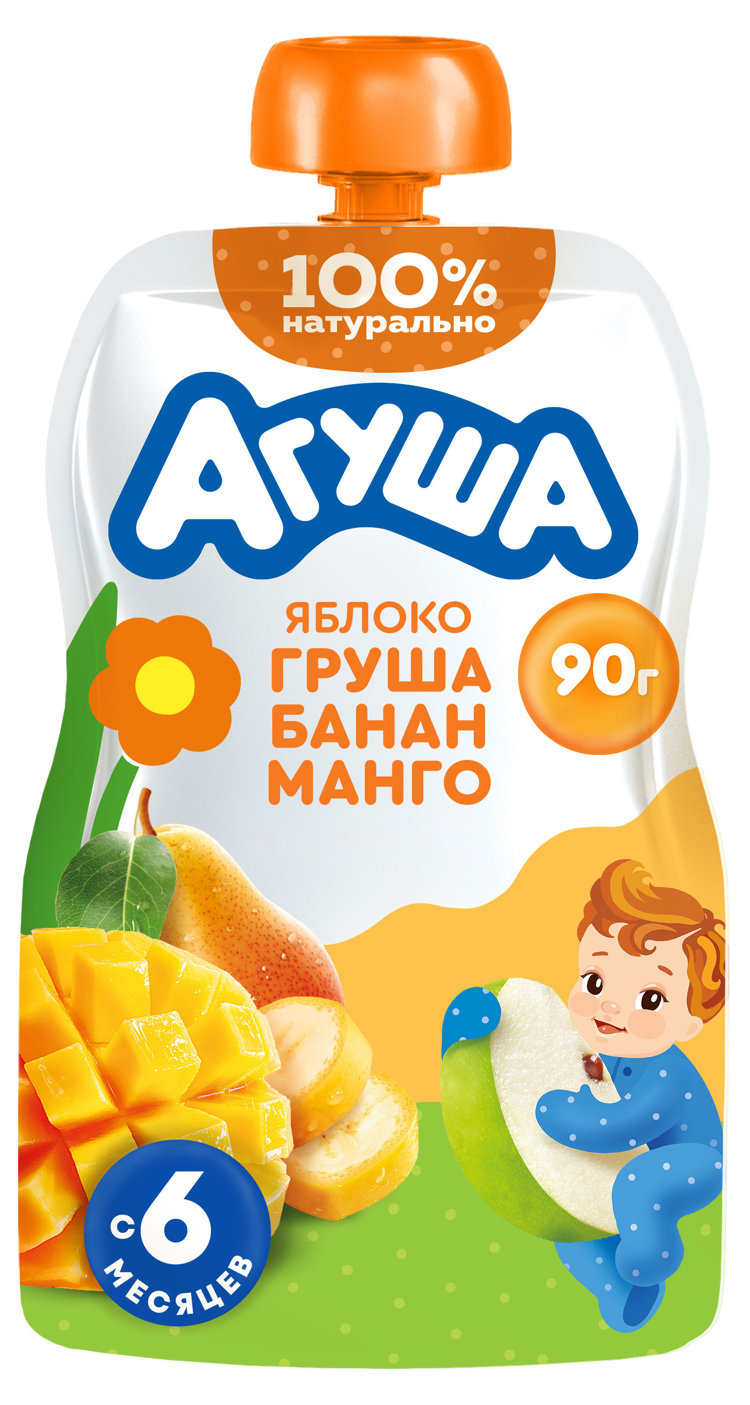 

Пюре фруктовое Агуша яблоко-груша-банан-манго с 6 мес., 90 г