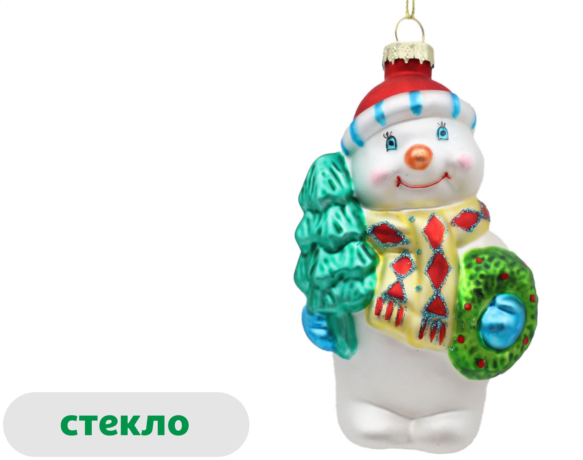 

Елочное украшение Вокруг света Подвеска Снеговик с елочкой стекло, 12,8 см