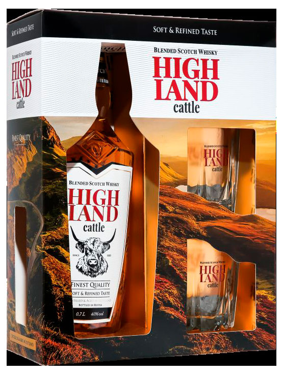 Изображение товара Виски Highland Cattle трехлетний с 2 бокалами в подарочной упаковке Россия, 0,7 л