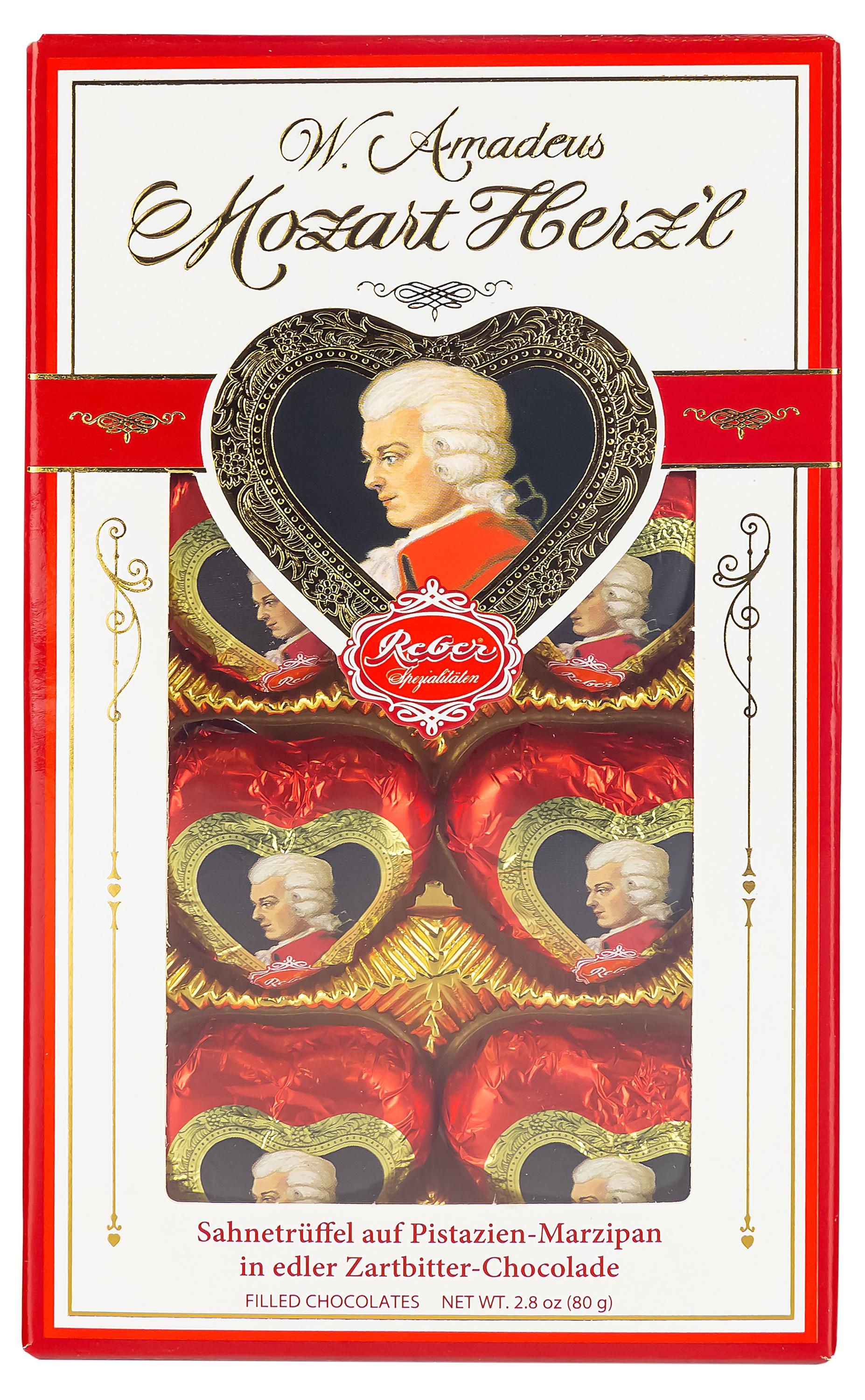 Изображение товара Набор конфет Reber Mozart сердечки мини 80 г - шоколадные конфеты с начинкой