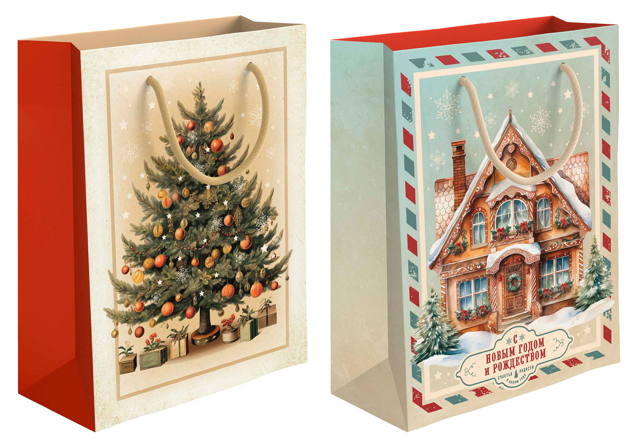 Изображение товара Глянцевый подарочный пакет Винтаж Новый год 33х43 см в ассортименте