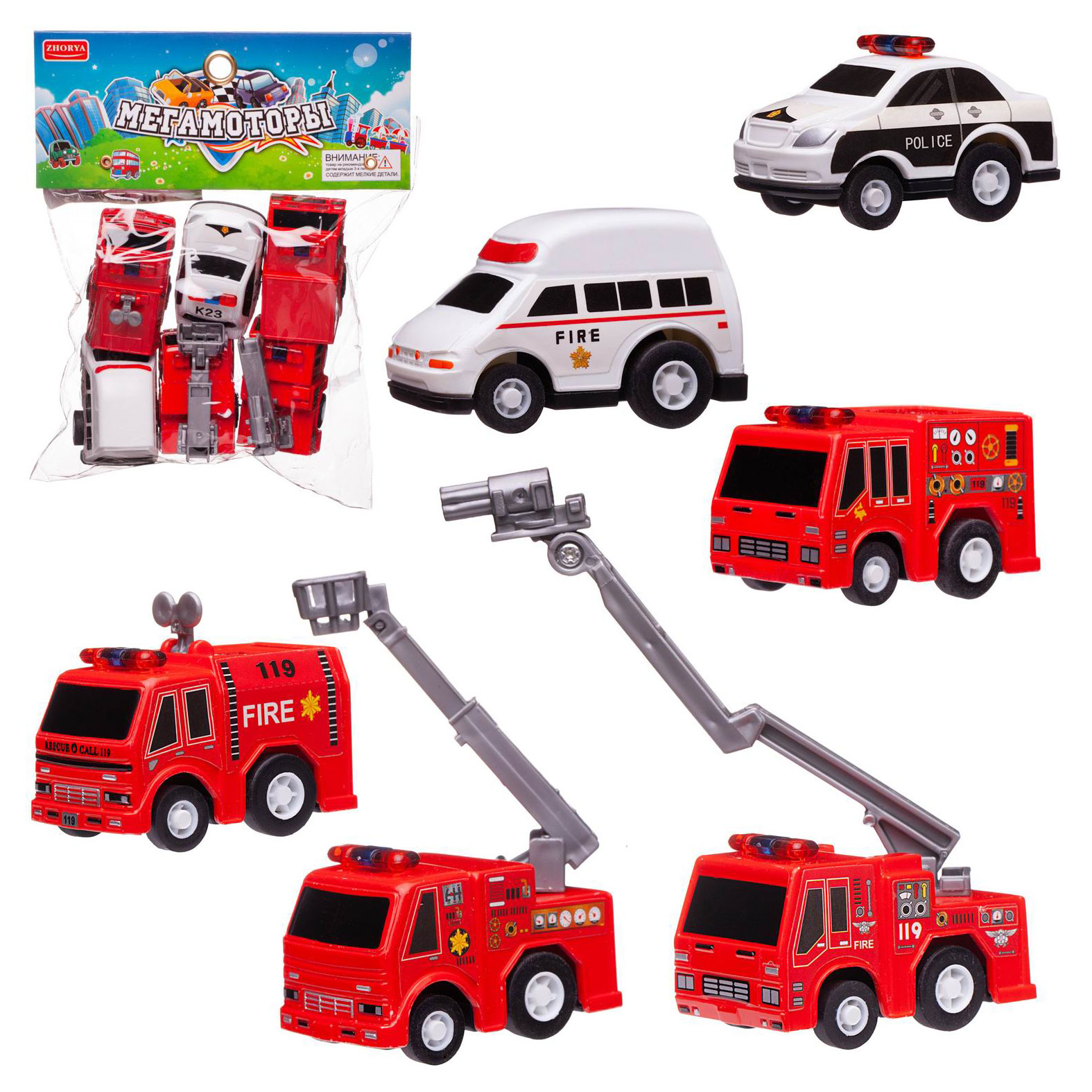 Изображение товара Набор машинок Мегамоторы 6 шт для детей от 3 лет яркий мультяшный дизайн
