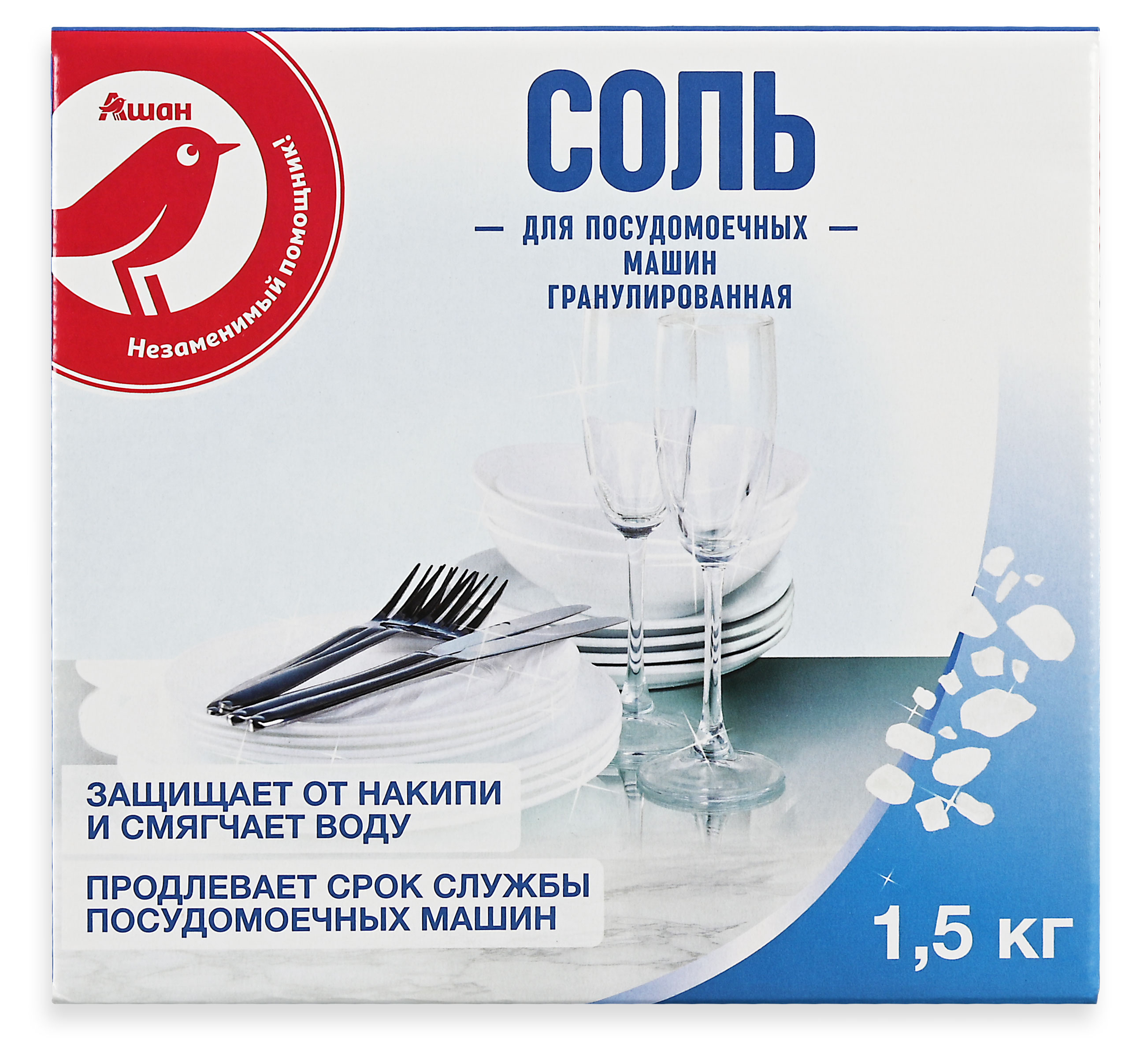 

Соль гранулированная для посудомоечных машин АШАН Красная птица, 1.5 кг