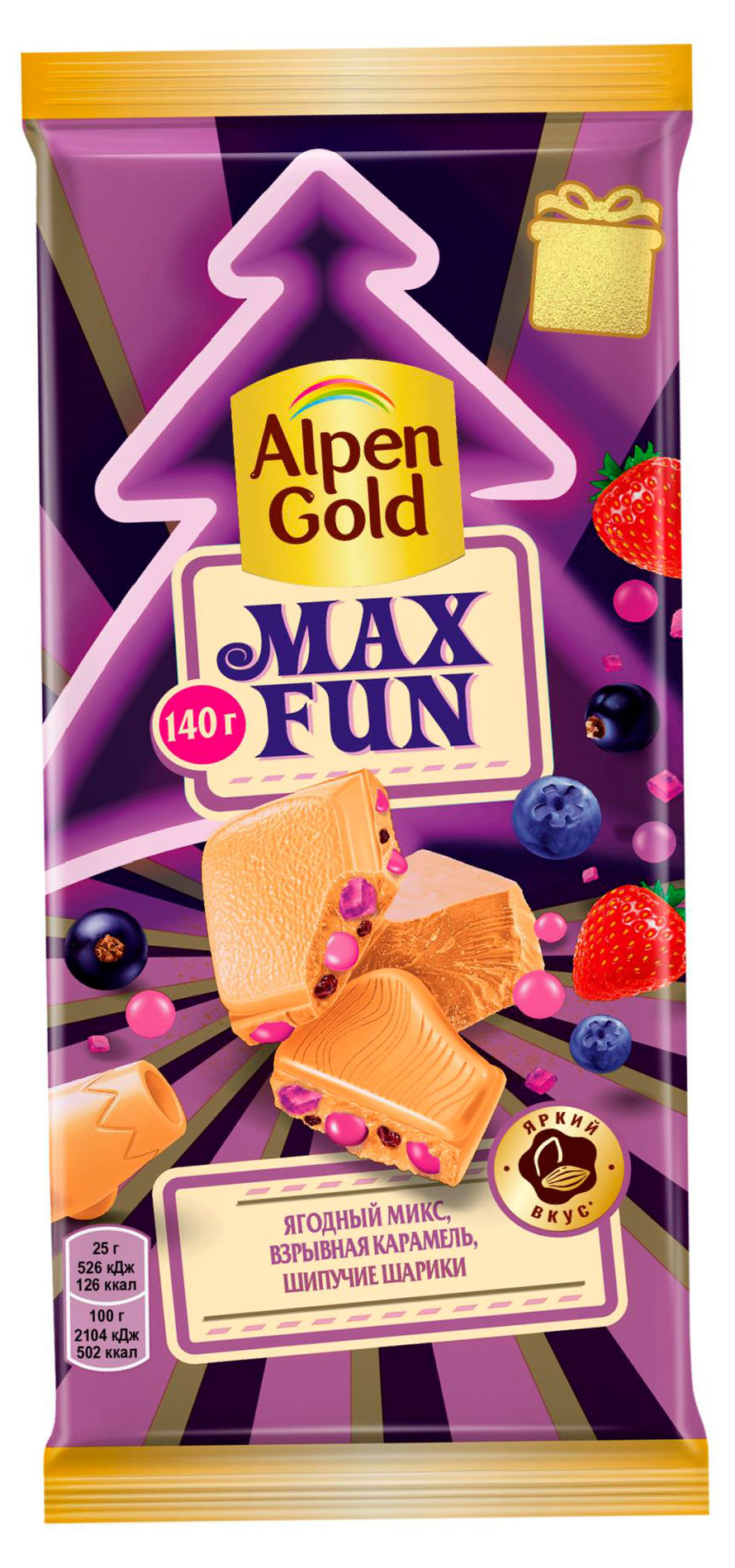 

Шоколад белый Alpen Gold Max Fun Ягодный микс взрывная карамель мармелад шипучие шарики, 140 г