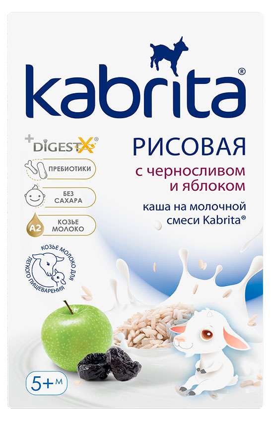 

Каша сухая рисовая Kabrita на молочной смеси с черносливом и яблоком без сахара с 5 мес., 180 г