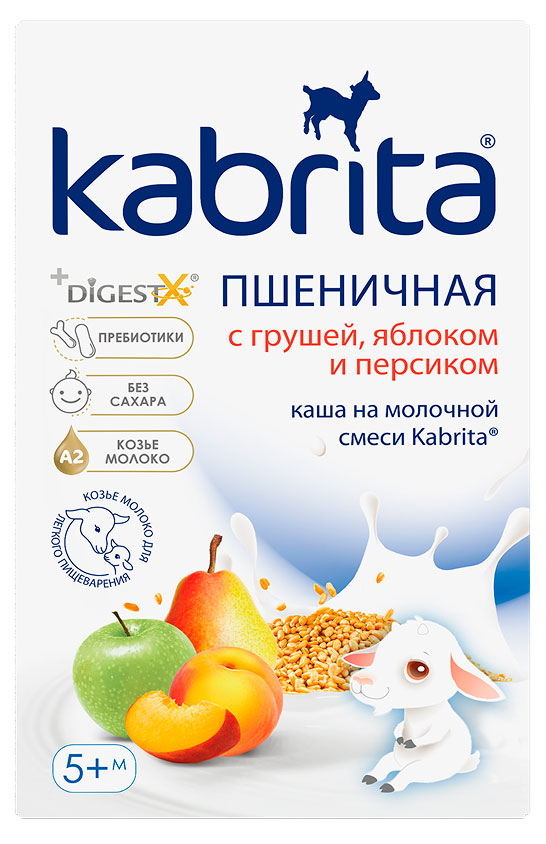 

Каша сухая пшеничная Kabrita на молочной смеси груша-яблоко-персик без сахара с 5 мес., 180 г