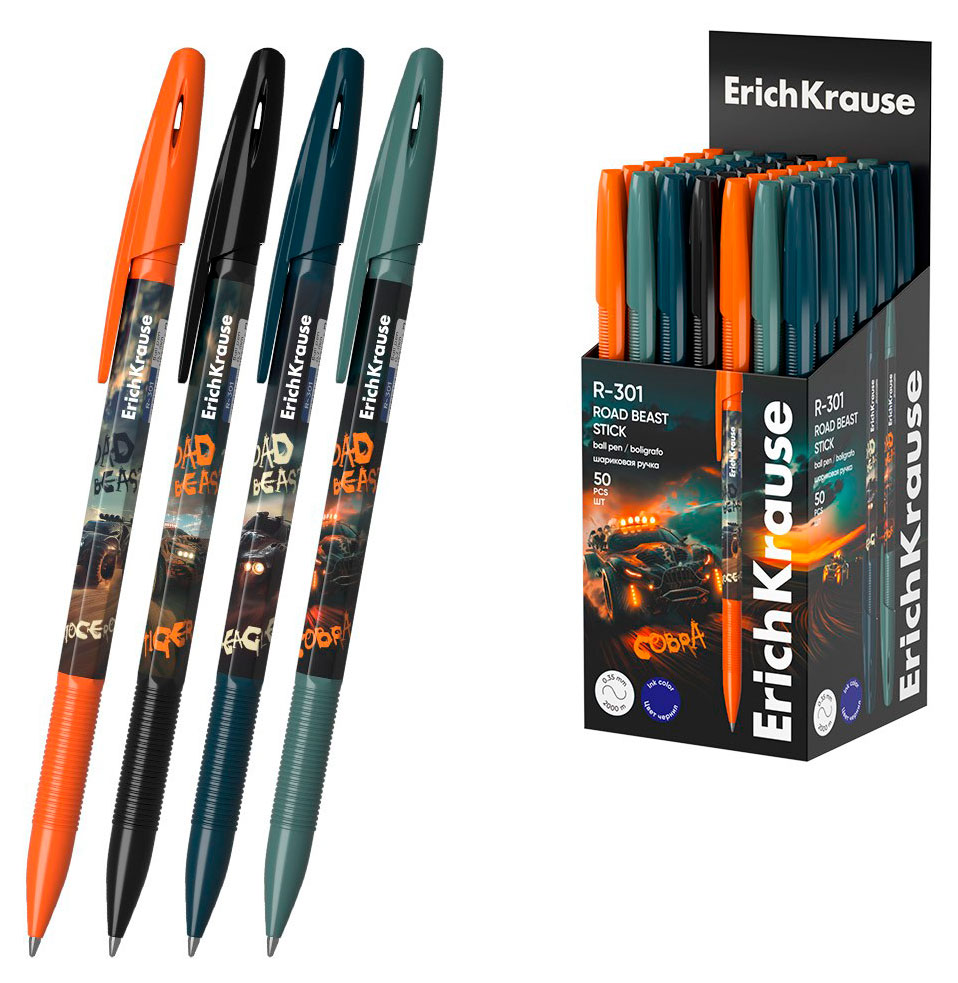 Изображение товара Ручка шариковая ErichKrause R-301 Stick Road Beast синяя 0,7 мм, 1 шт в ассортименте