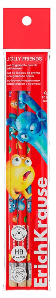 

Набор чернографитных карандашей ErichKrause Jolly Friends HB с ластиком, 4 шт