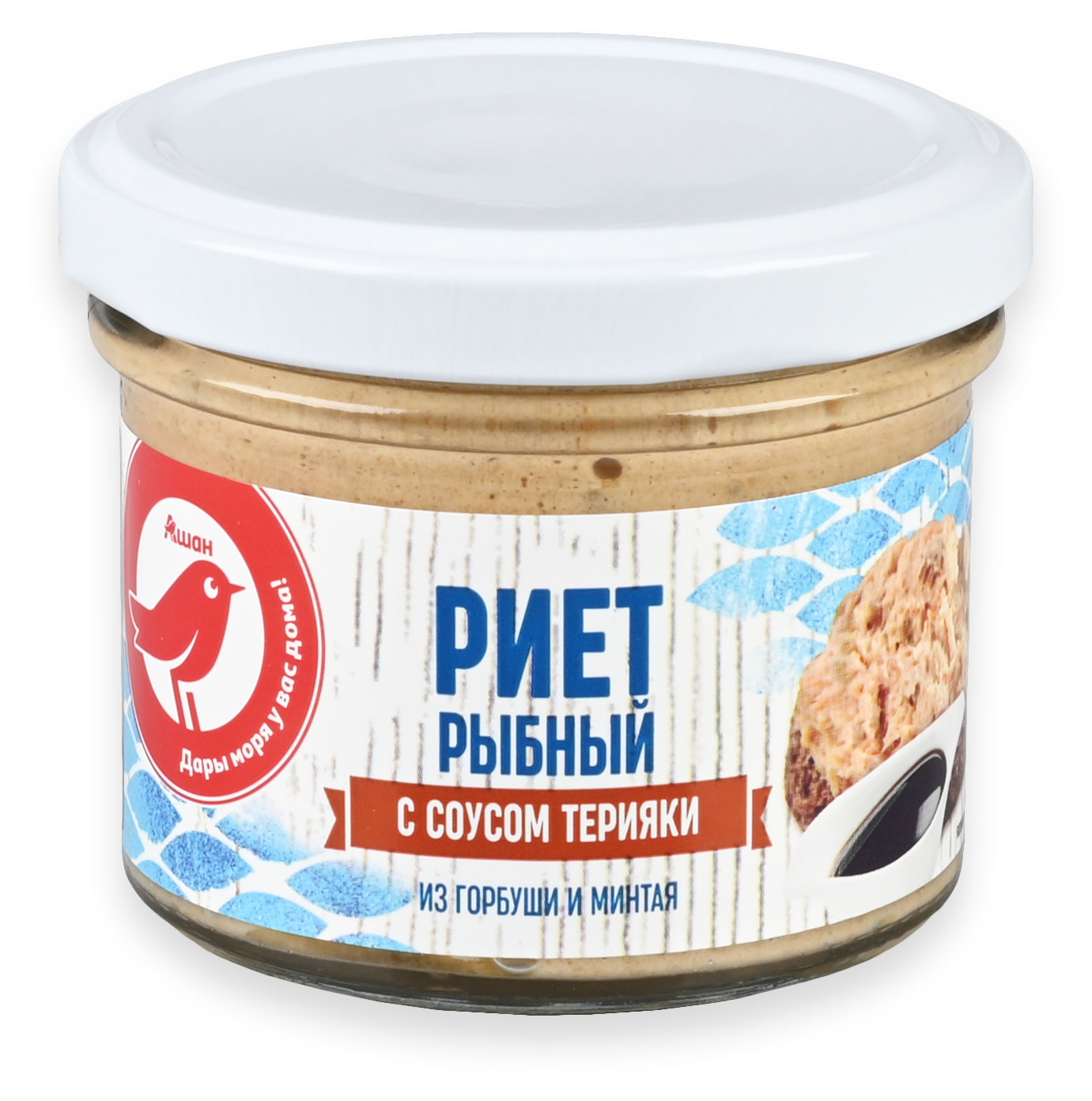 

Риет рыбный АШАН Красная птица из горбуши и минтая с соусом терияки, 100 г