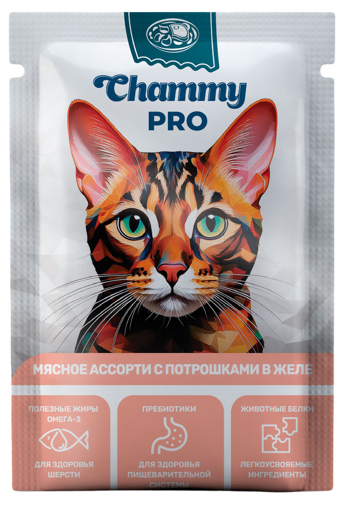 

Влажный корм для кошек Chammy PRO мясное ассорти с потрошками в желе, 85 г
