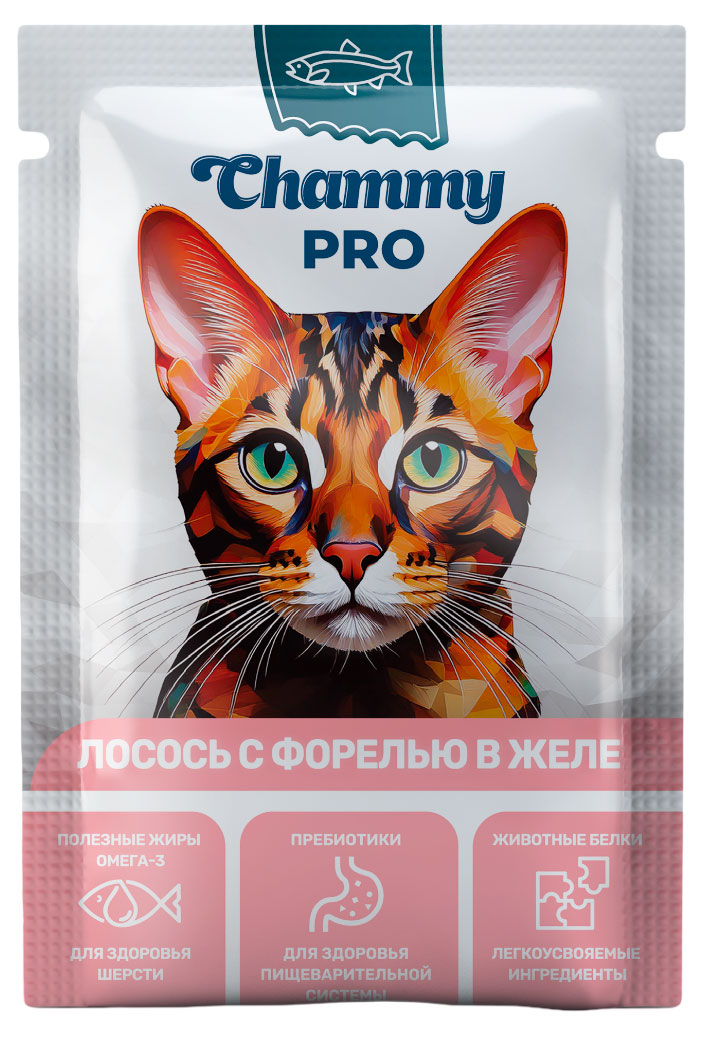 

Влажный корм для кошек Chammy PRO лосось с форелью в желе, 85 г