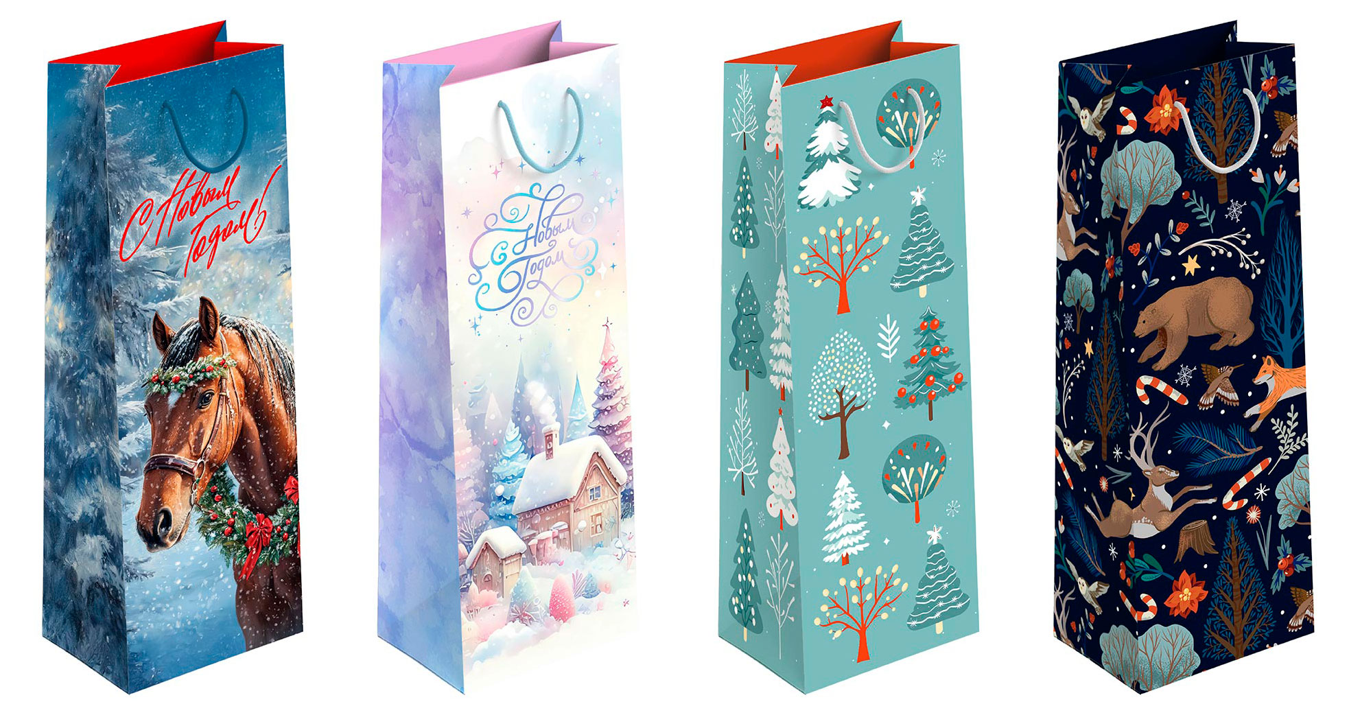 

Пакет подарочный под бутылку АШАН Красная птица С Новым годом! 12х12х36 см, 1 шт в ассортименте