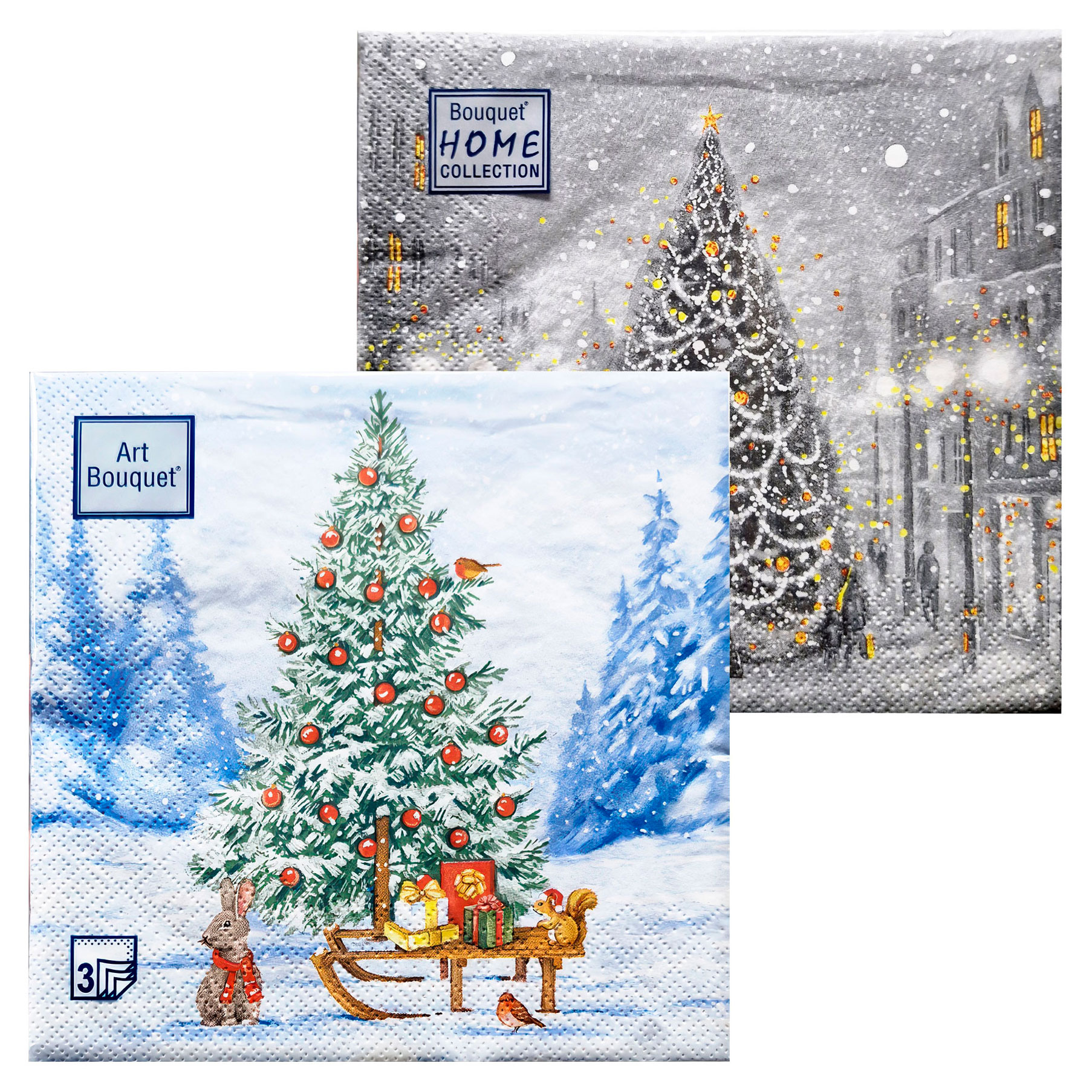 

Салфетки одноразовые бумажные Bouquet Новогодняя ель 3 слоя 33х33 см 20 л, в ассортименте